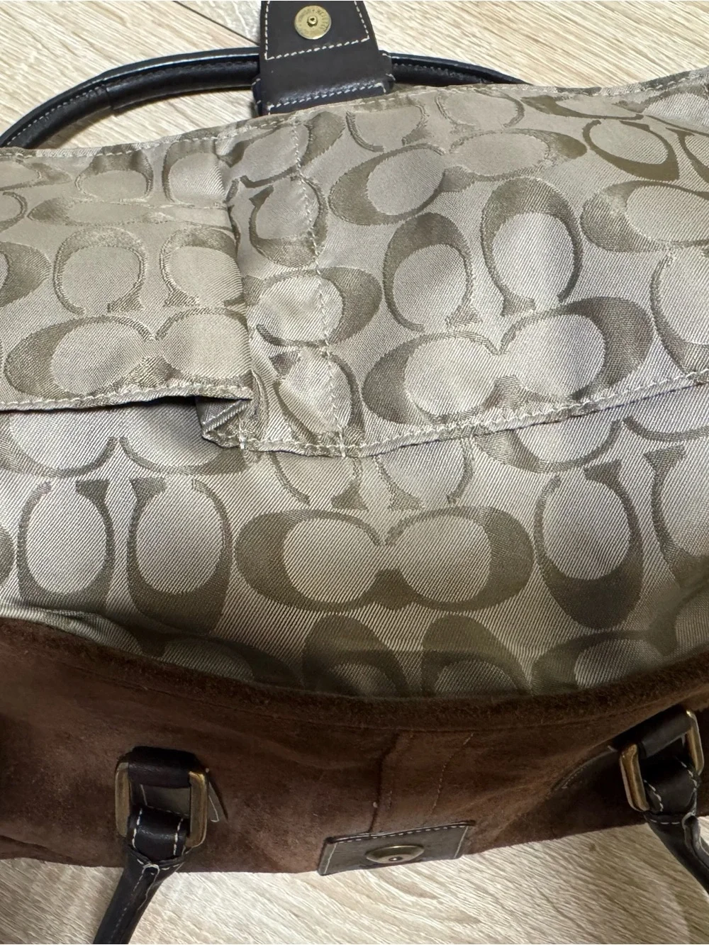 Coach Brown Suede Satchel with Dark Brown Leather Trim and Gold Hardware